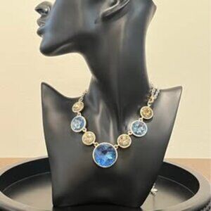 Bill Blass VTG Blue & Champagne Crystal Statement Silver toneNecklace – 80s Glam